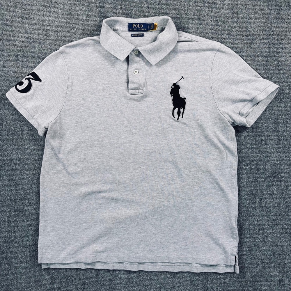 Polo Ralph Lauren Men's L Gray Custom SLIM FIT Big Pony Polo Shirt Preppy Casual - Picture 2 of 9